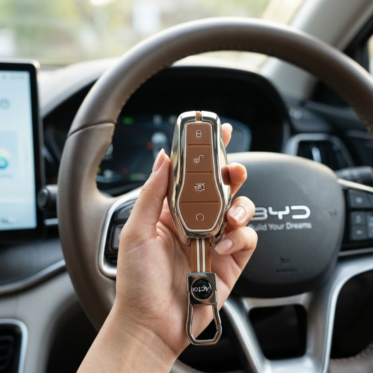 Acto Metal Sapphire Key Cover & Key Chain Compatible with BYD Atto 3, Seal, Sealion & eMax7 3 Button Smart Key | Premium Zinc Alloy Case | Glow-in-the-Dark Buttons | 360° Full Protection | Pack of 1