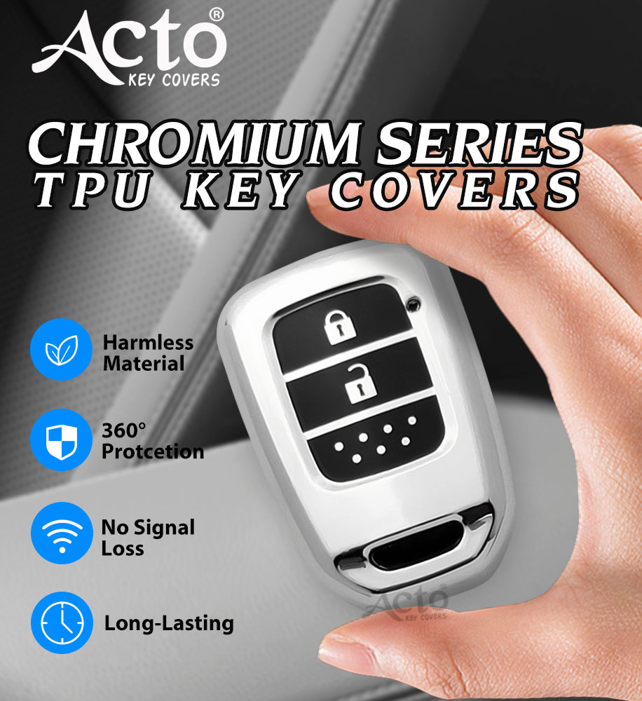 Acto Car Key Cover Chromium Series Compatible with Honda Accord, Amaze, Brio, City, CR-V, Jazz, Mobilio, WR-V 2 Button Smart Key | Premium Chrome Finish Hard Case | 360° Protection | Scratch Resistant Stylish Key Cover with Keychain | Pack of 1