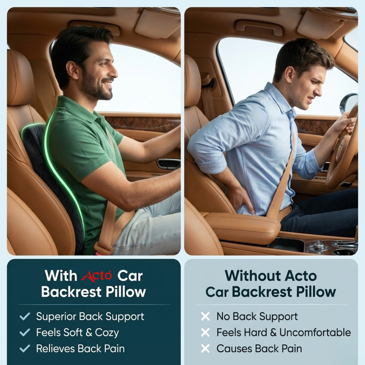 Acto Car Back Rest Proton Cushion for Driving | Memory Foam Lumbar Support Pillow | Orthopedic Back Support for Car Seat & Office Chair