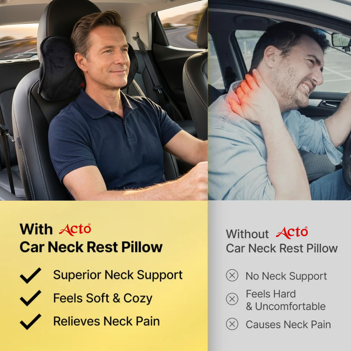 Acto Premium Car Neck Rest Cushion Kaju | Ergonomic Memory Foam Headrest Pillow | Soft Quilted Design | Neck & Cervical Support for Long Drives | Universal Fit for All Cars