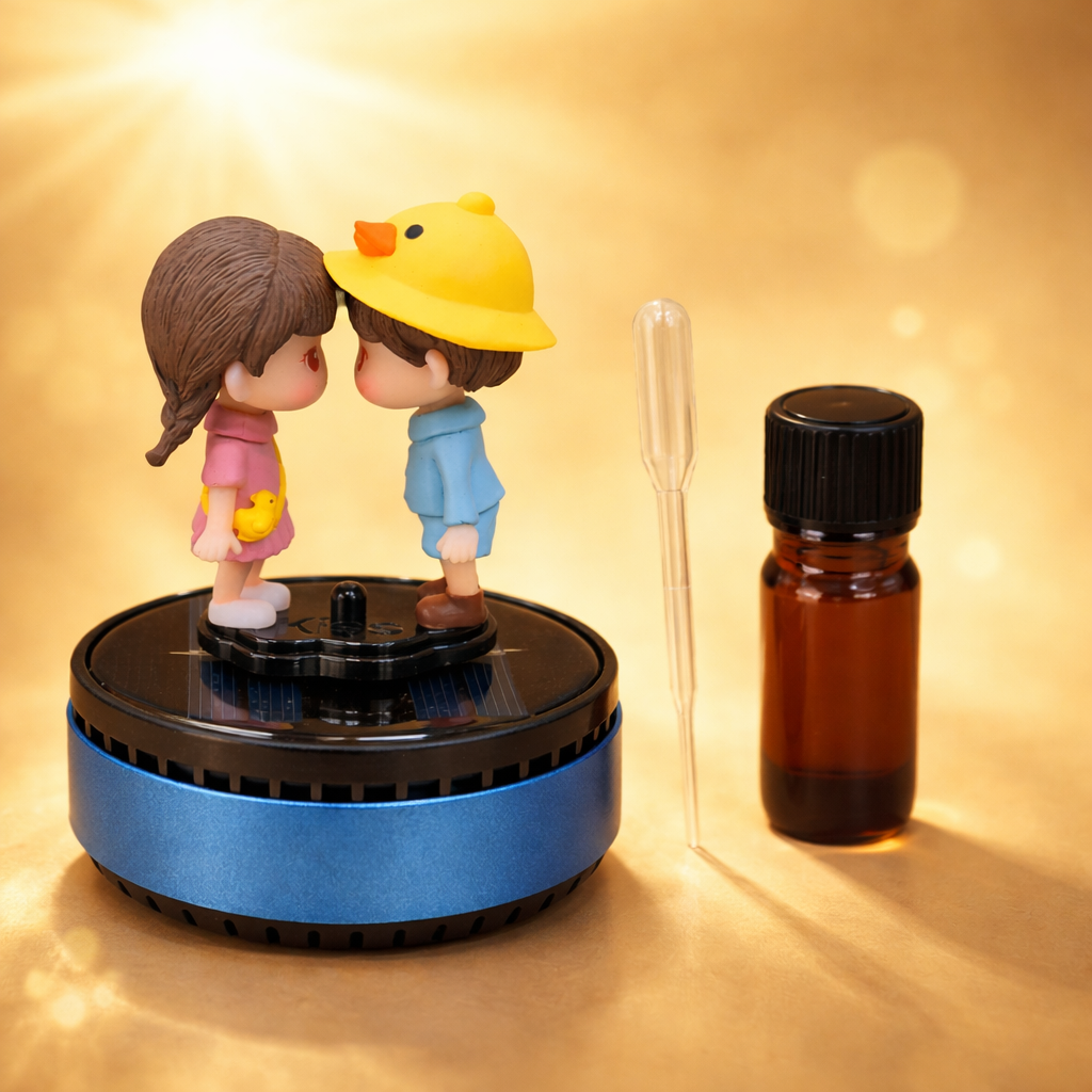 Acto Solar Powered Rotating Fourhead FH02 Couple Showpiece with Aroma Diffuser Bottle – Romantic Dashboard & Home Decor