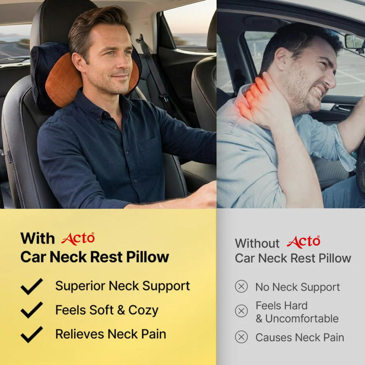 Acto Premium Car Neck Rest Cushion Kaju | Ergonomic Memory Foam Headrest Pillow | Soft Quilted Design | Neck & Cervical Support for Long Drives | Universal Fit for All Cars