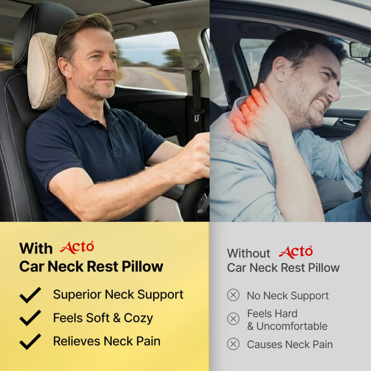 Acto Premium Car Neck Rest Comfy Cushion for Seat Headrest | Ergonomic Memory Foam Neck Support Pillow | Soft Quilted Comfort Design | Reduces Neck Pain for Long Drives | Universal Fit for All Cars