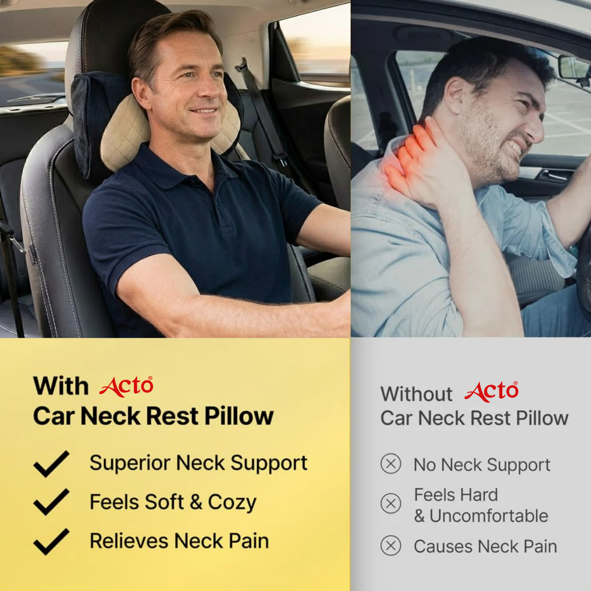 Acto Premium Car Neck Rest Cushion Kaju | Ergonomic Memory Foam Headrest Pillow | Soft Quilted Design | Neck & Cervical Support for Long Drives | Universal Fit for All Cars