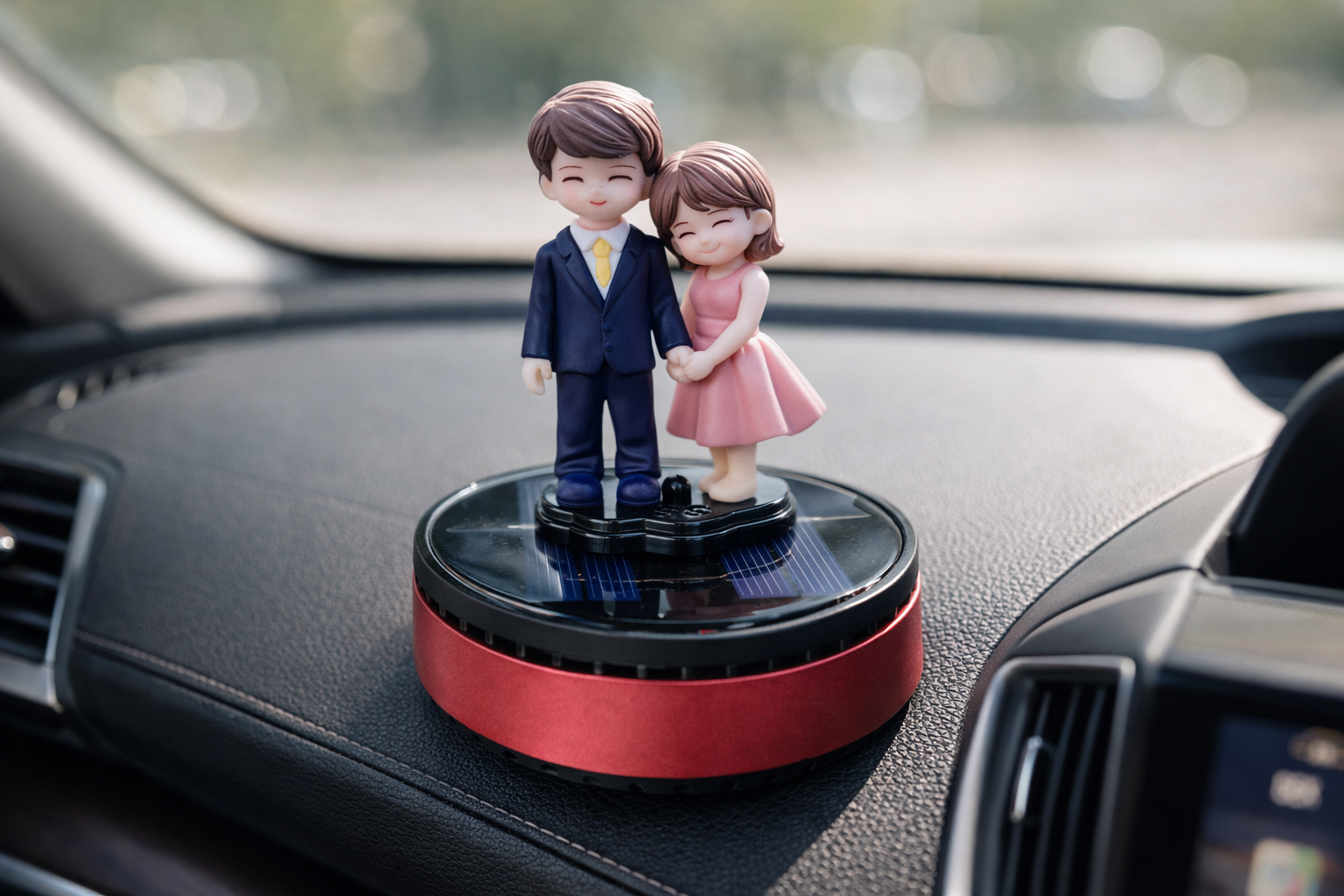 Acto Solar Powered Rotating Parents Dad and Son Showpiece with Aroma Diffuser Bottle – Romantic Dashboard & Home Decor