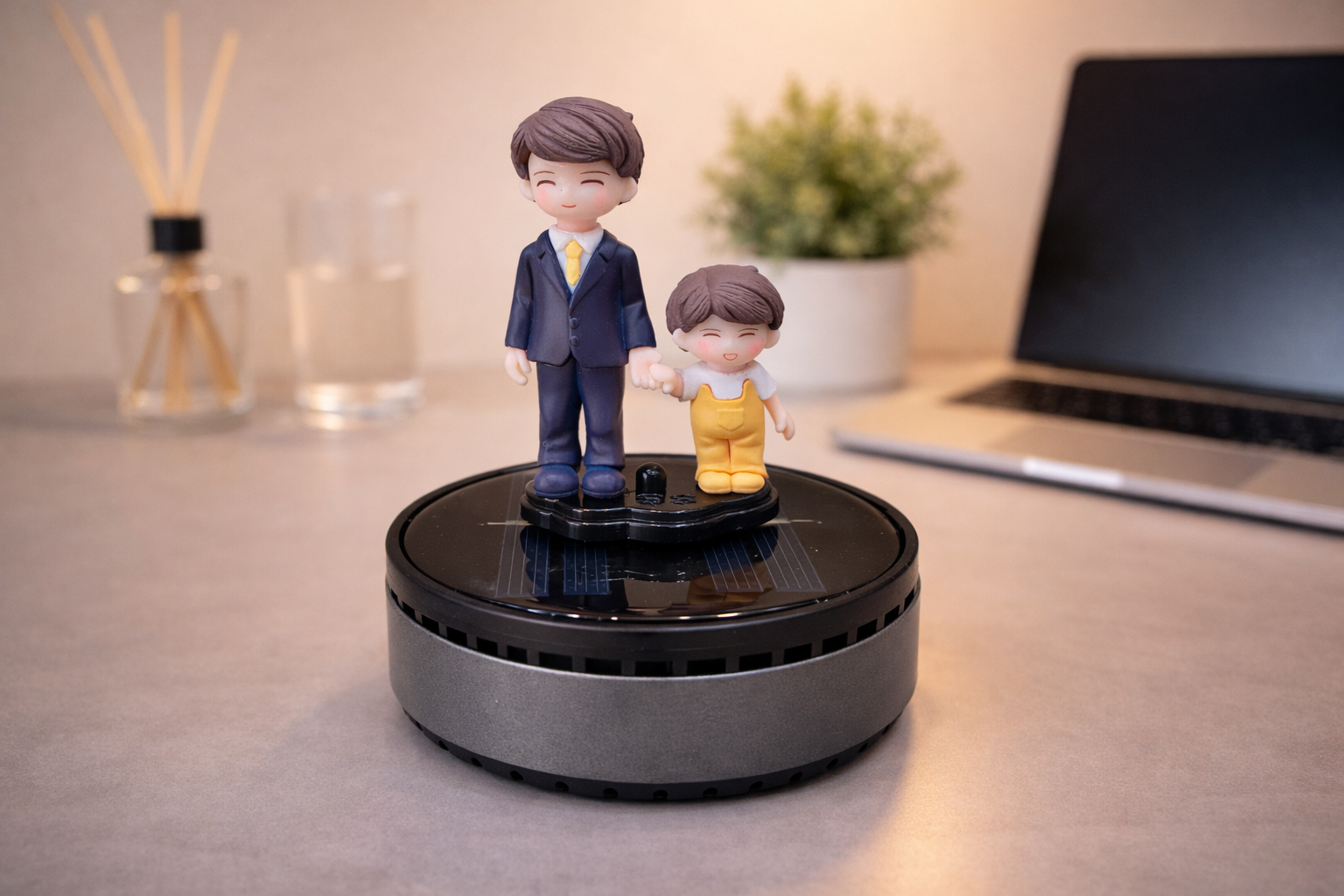 Acto Solar Powered Rotating Parents Dad and Son Showpiece with Aroma Diffuser Bottle – Romantic Dashboard & Home Decor