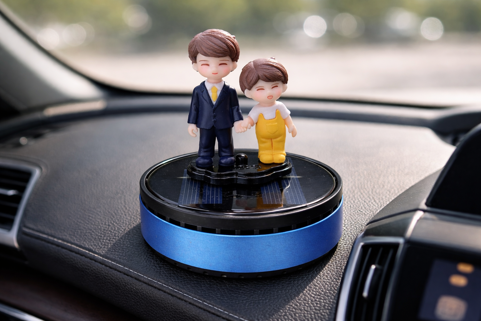 Acto Solar Powered Rotating Parents Dad and Son Showpiece with Aroma Diffuser Bottle – Romantic Dashboard & Home Decor