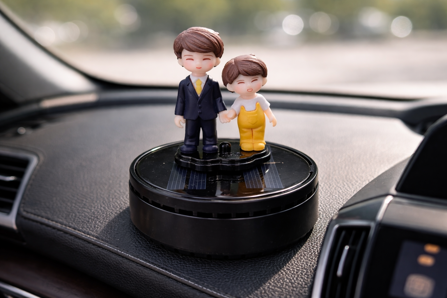 Acto Solar Powered Rotating Parents Dad and Son Showpiece with Aroma Diffuser Bottle – Romantic Dashboard & Home Decor