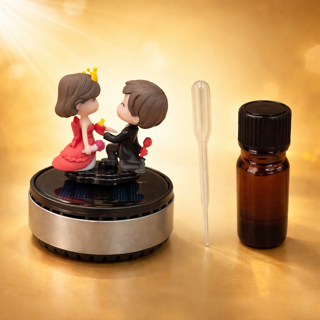 Acto Solar Powered Rotating Couple Showpiece with Aroma Diffuser Bottle – Romantic Dashboard & Home Decor