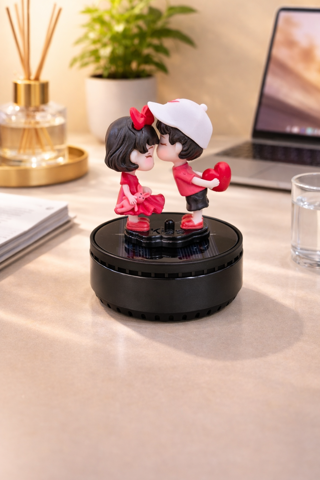 Acto Solar Powered Rotating Fourhead FH01 Couple Showpiece with Aroma Diffuser Bottle – Romantic Dashboard & Home Decor