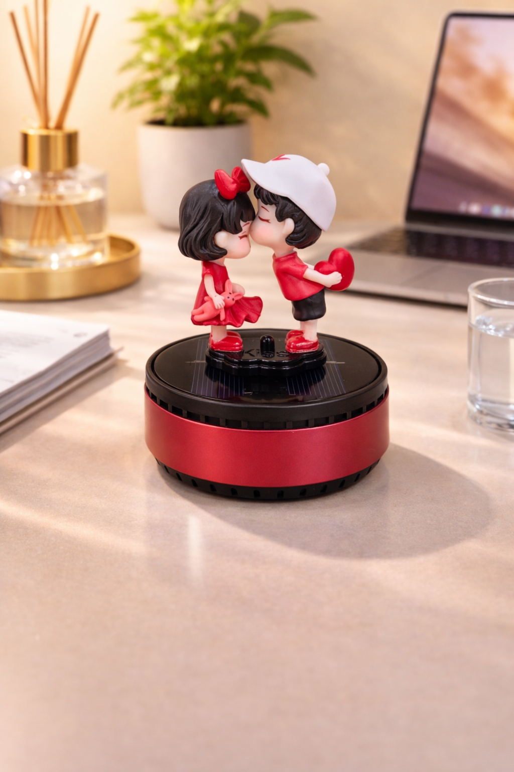 Acto Solar Powered Rotating Fourhead FH01 Couple Showpiece with Aroma Diffuser Bottle – Romantic Dashboard & Home Decor