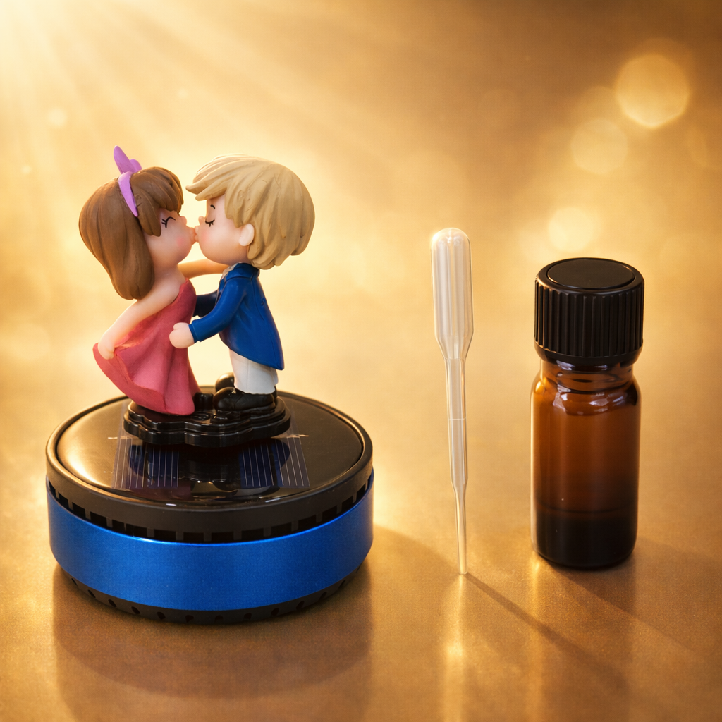 Acto Solar Powered Rotating Kissing KS02 Couple Showpiece with Aroma Diffuser Bottle – Romantic Dashboard & Home Decor