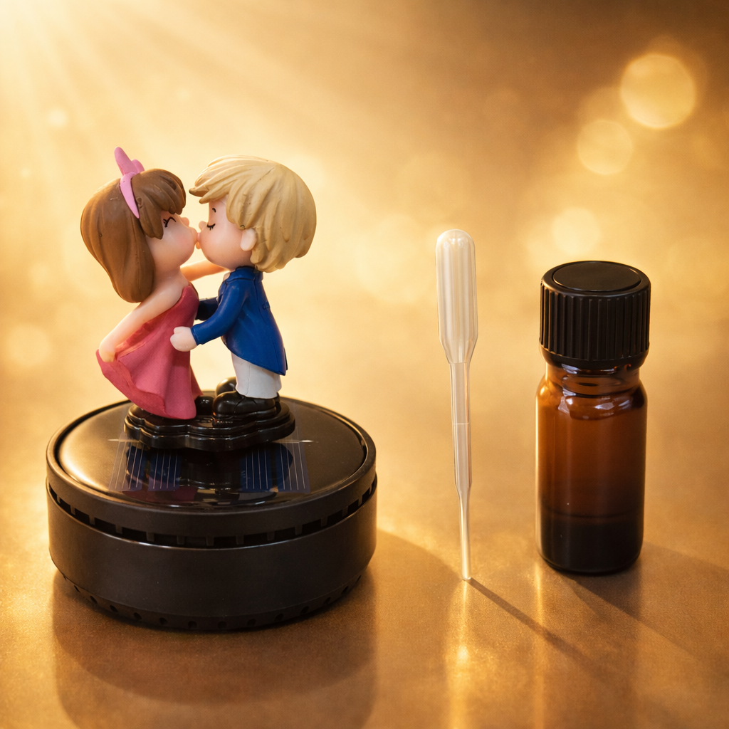 Acto Solar Powered Rotating Kissing KS02 Couple Showpiece with Aroma Diffuser Bottle – Romantic Dashboard & Home Decor