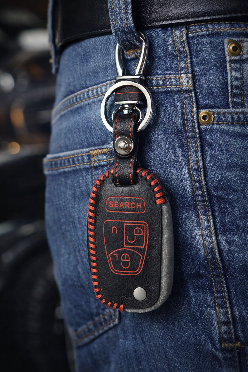 ACTO Leather key cover in Black color With Red Stitches with key chain Compatible With Mahindra Bolero 3 Button