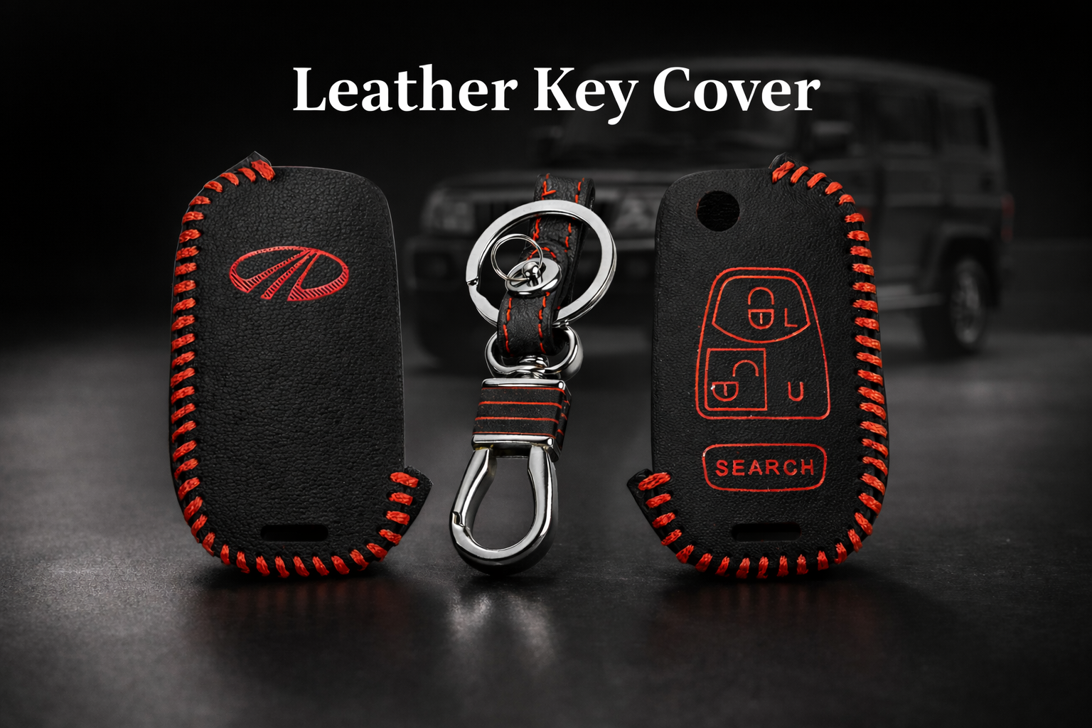 ACTO Leather key cover in Black color With Red Stitches with key chain Compatible With Mahindra Bolero 3 Button