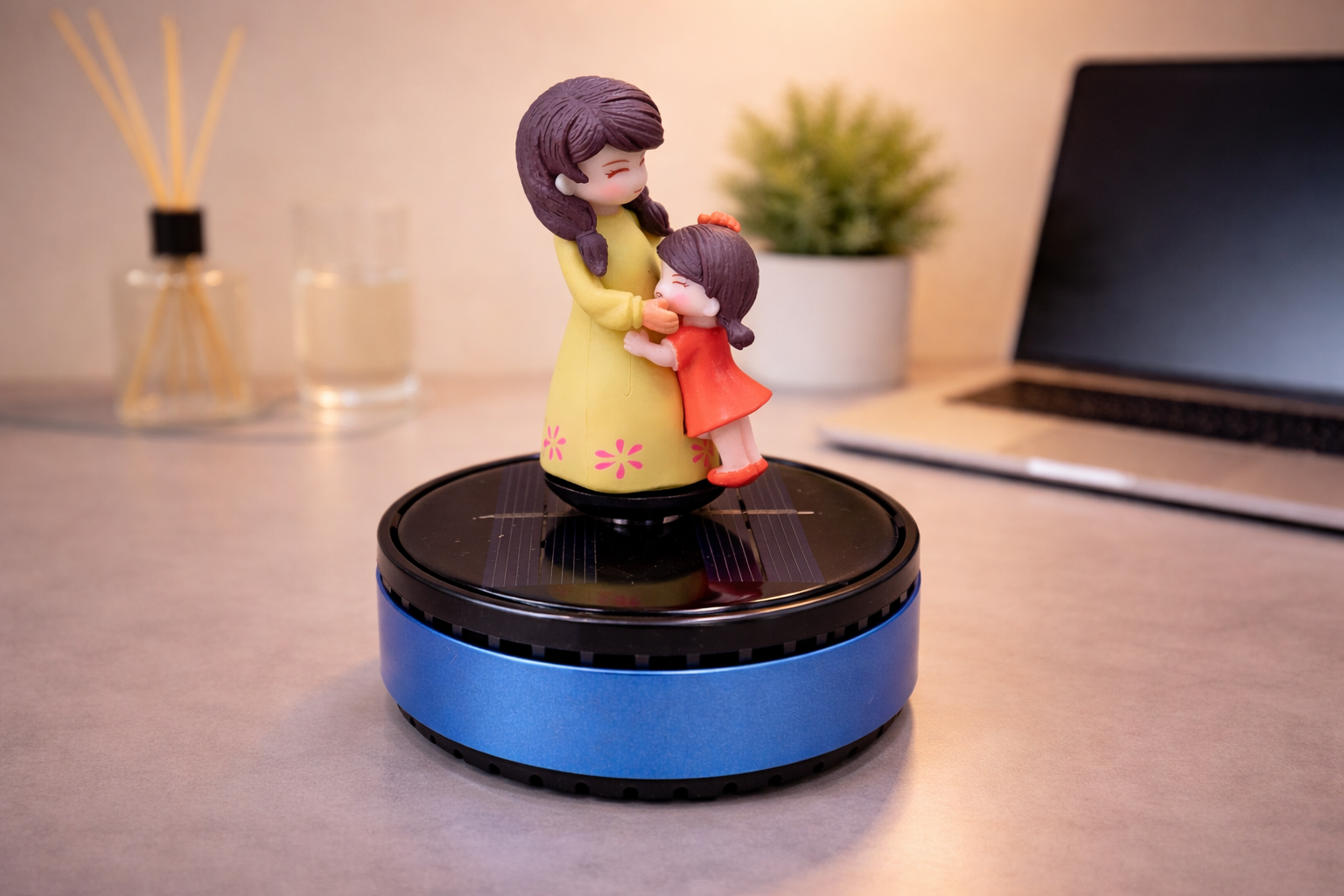 Acto Solar Powered Rotating Parents Mom and Daughter Showpiece with Aroma Diffuser Bottle – Romantic Dashboard & Home Decor