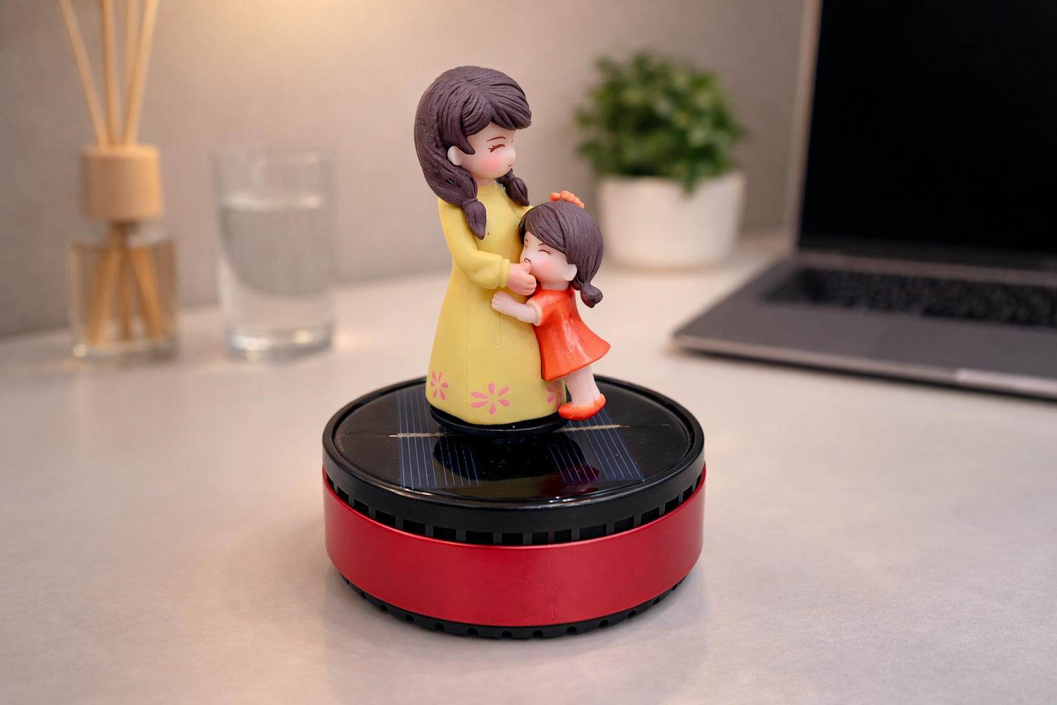 Acto Solar Powered Rotating Parents Mom and Daughter Showpiece with Aroma Diffuser Bottle – Romantic Dashboard & Home Decor