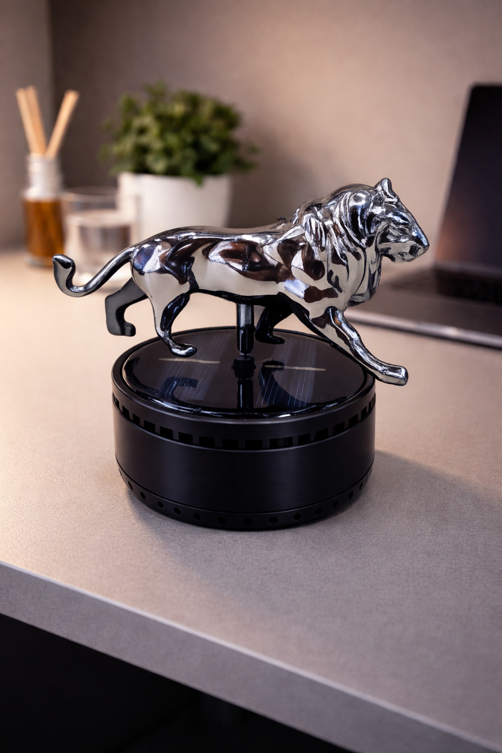 Acto Solar Powered Rotating Lion Showpiece with Aroma Diffuser Bottle – Romantic Dashboard & Home Decor