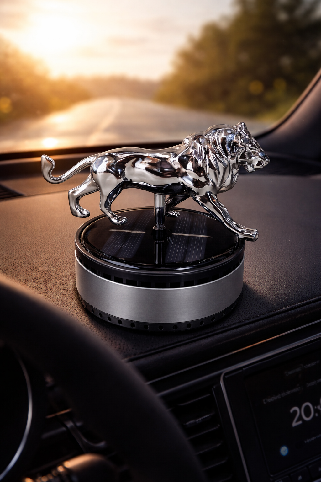 Acto Solar Powered Rotating Lion Showpiece with Aroma Diffuser Bottle – Romantic Dashboard & Home Decor