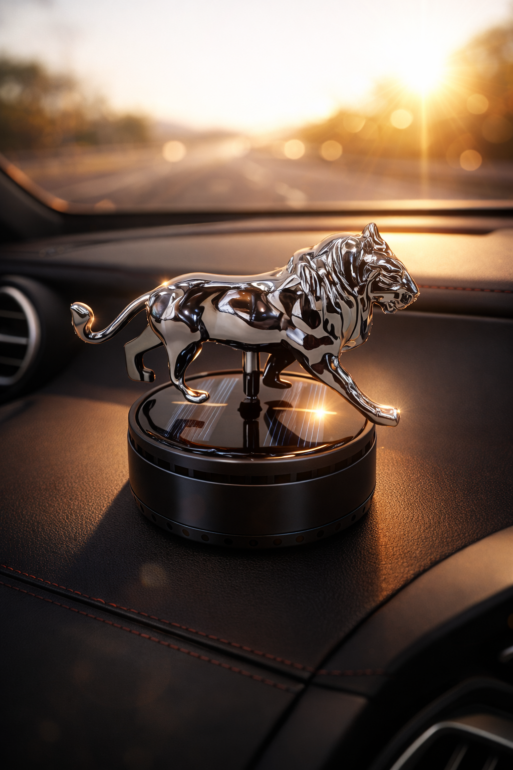 Acto Solar Powered Rotating Lion Showpiece with Aroma Diffuser Bottle – Romantic Dashboard & Home Decor