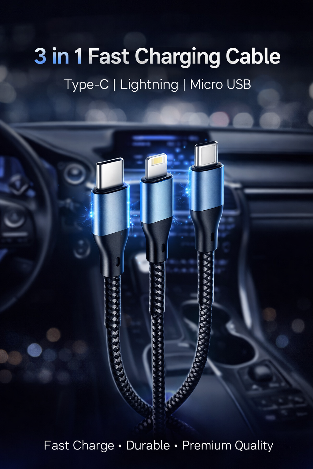ACTO 3 in 1 Fast Charging Cable | Universal Braided Multi Charging Cable with Type-C, ISO, Micro USB Connectors | 5A 120W | All Smartphones & Devices (Pack of 1 Pcs)