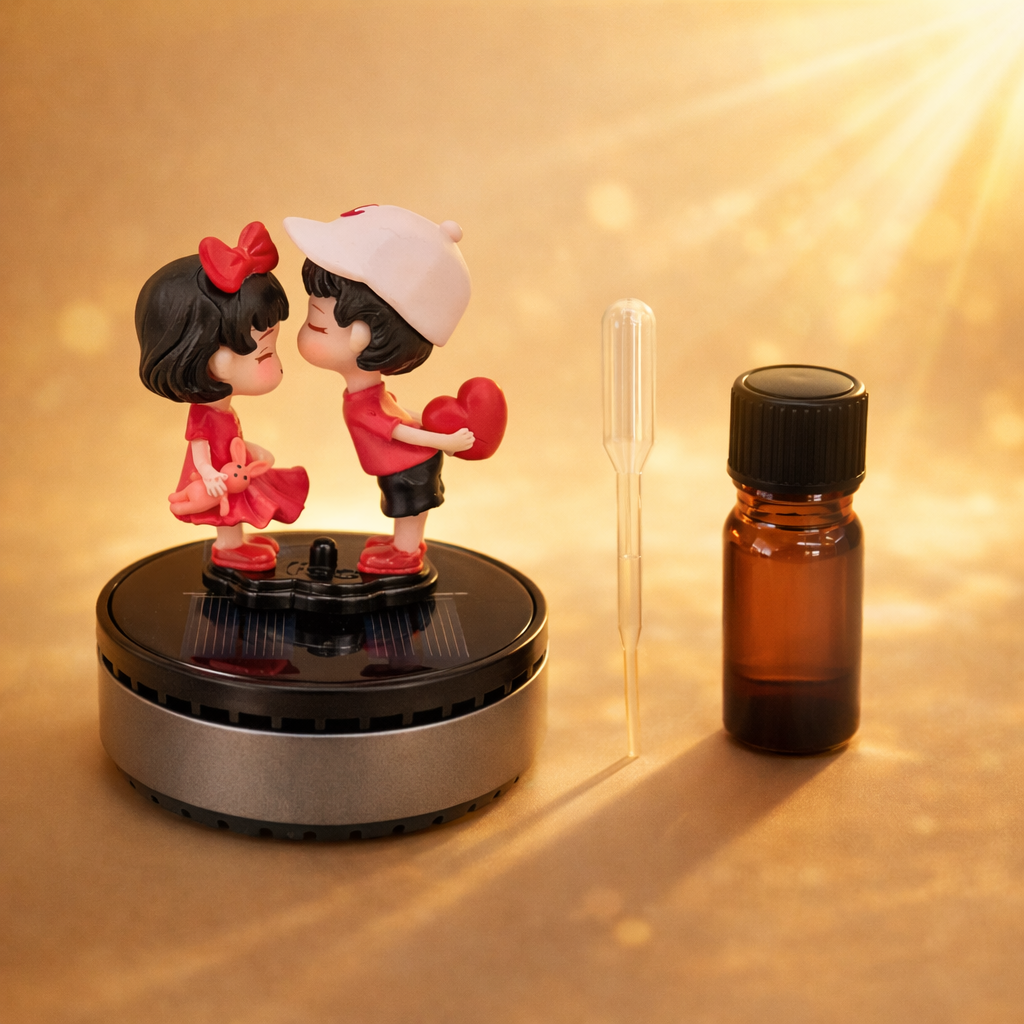 Acto Solar Powered Rotating Fourhead FH01 Couple Showpiece with Aroma Diffuser Bottle – Romantic Dashboard & Home Decor