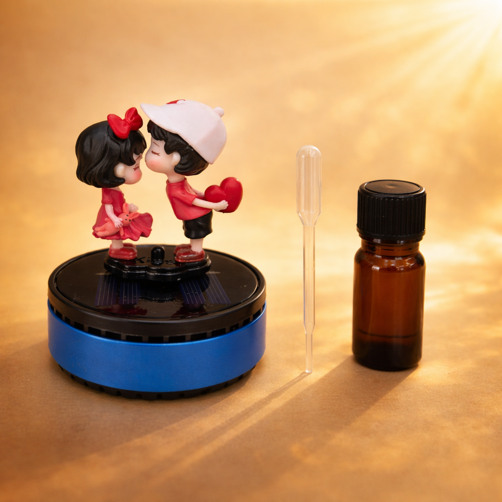 Acto Solar Powered Rotating Fourhead FH01 Couple Showpiece with Aroma Diffuser Bottle – Romantic Dashboard & Home Decor