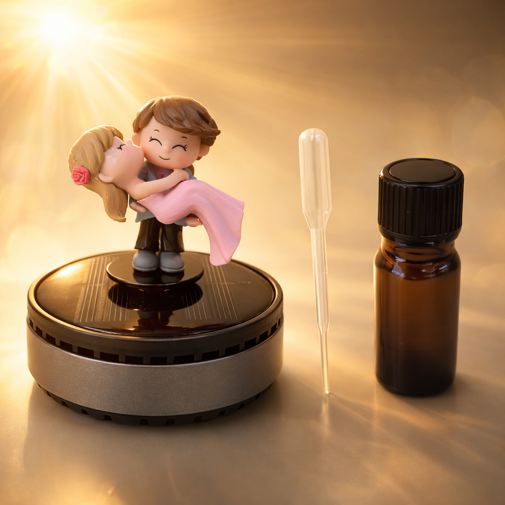 Acto Solar Powered Rotating Kissing KS04 Couple Showpiece with Aroma Diffuser Bottle – Romantic Dashboard & Home Decor