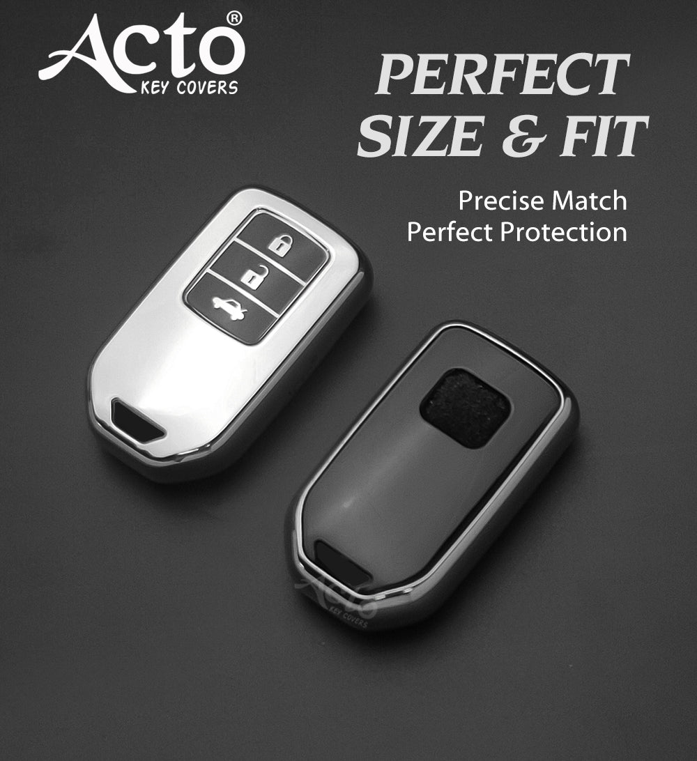 Acto Car Key Cover Chromium Series Compatible with Honda Accord, Civic, WR-V, BR-V, CR-V, City, Jazz 3 Button Smart Key | Premium Chrome Finish Hard Case | 360° Protection | Scratch Resistant | Keychain Included (Pack of 1)