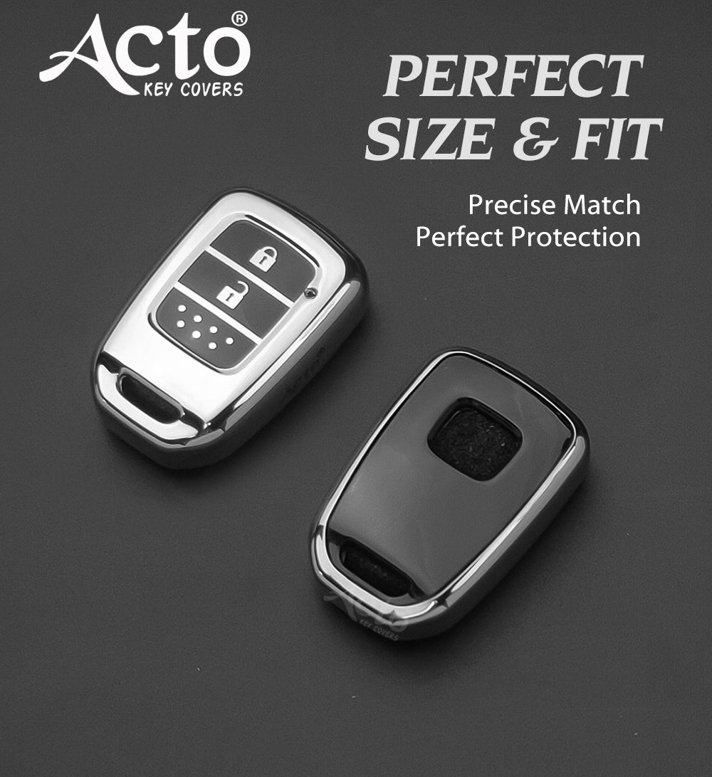 Acto Car Key Cover Chromium Series Compatible with Honda Accord, Amaze, Brio, City, CR-V, Jazz, Mobilio, WR-V 2 Button Smart Key | Premium Chrome Finish Hard Case | 360° Protection | Scratch Resistant Stylish Key Cover with Keychain | Pack of 1