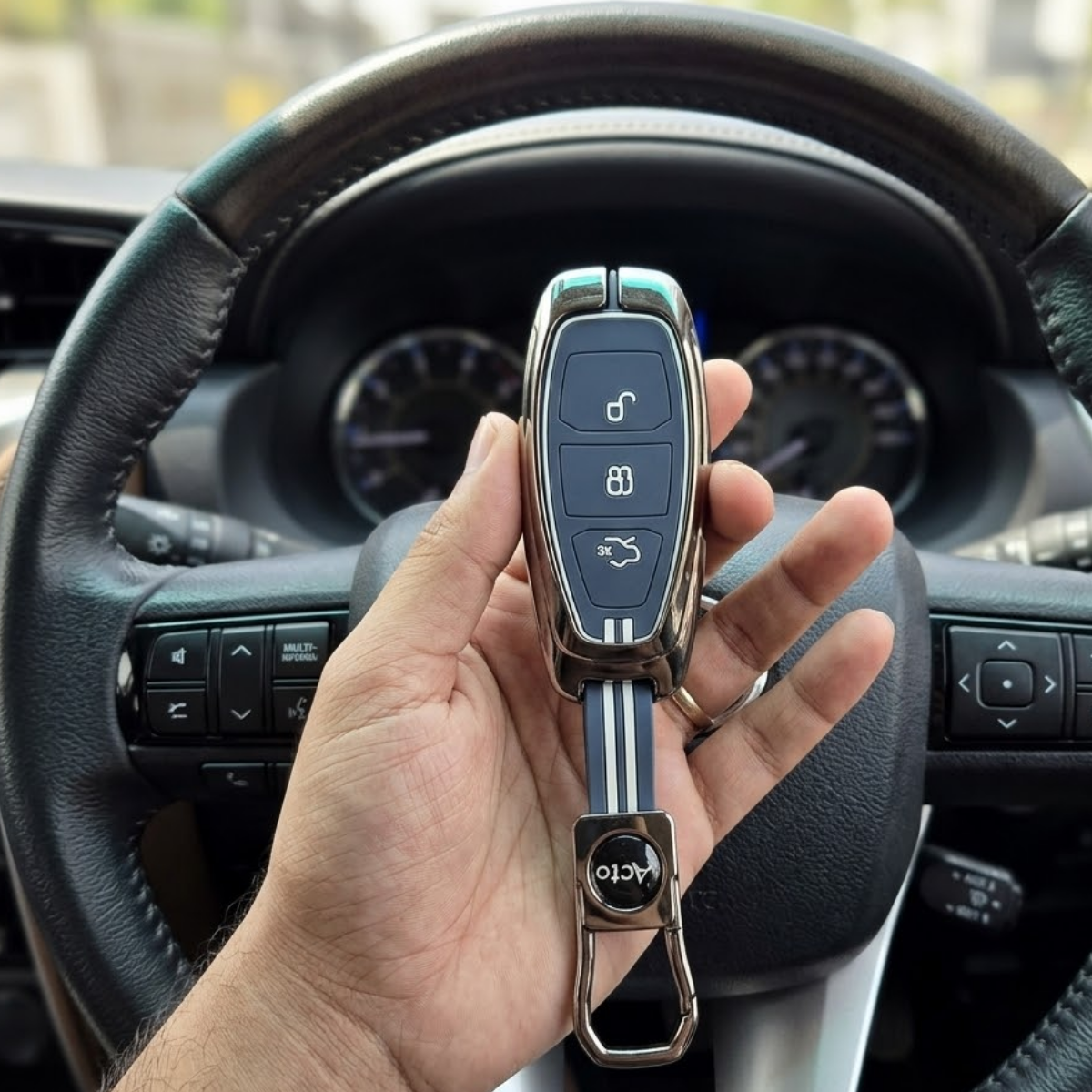 Acto Metal Sapphire Key Cover & Key Chain Compatible with Ford EcoSport Smart Key & Xhorse Duplicate Key | Premium Zinc Alloy Case | Glow-in-the-Dark Buttons | 360° Full Protection | Pack of 1