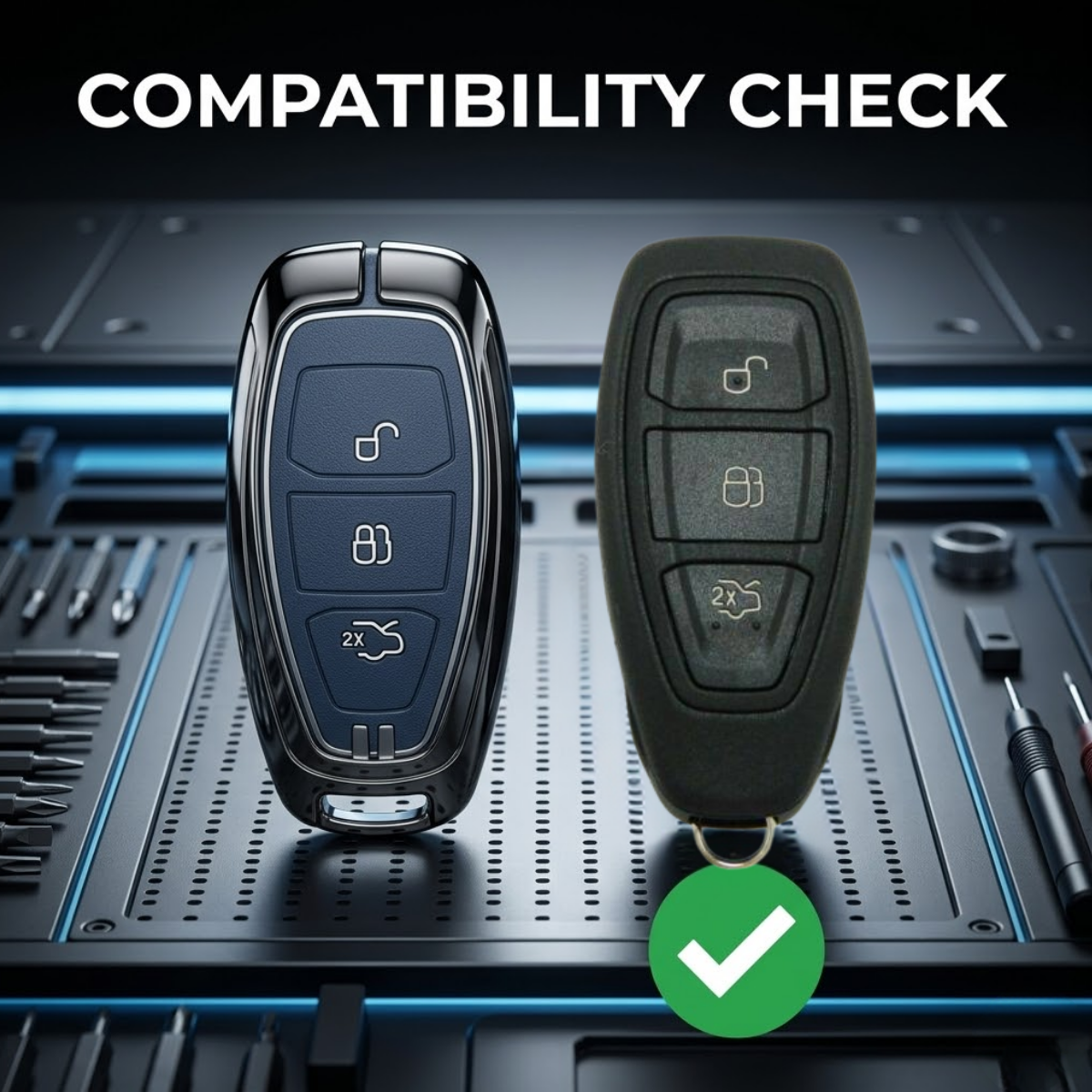 Acto Metal Sapphire Key Cover & Key Chain Compatible with Ford EcoSport Smart Key & Xhorse Duplicate Key | Premium Zinc Alloy Case | Glow-in-the-Dark Buttons | 360° Full Protection | Pack of 1