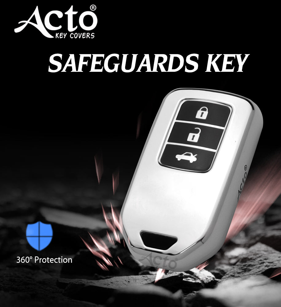 Acto Car Key Cover Chromium Series Compatible with Honda Accord, Civic, WR-V, BR-V, CR-V, City, Jazz 3 Button Smart Key | Premium Chrome Finish Hard Case | 360° Protection | Scratch Resistant | Keychain Included (Pack of 1)