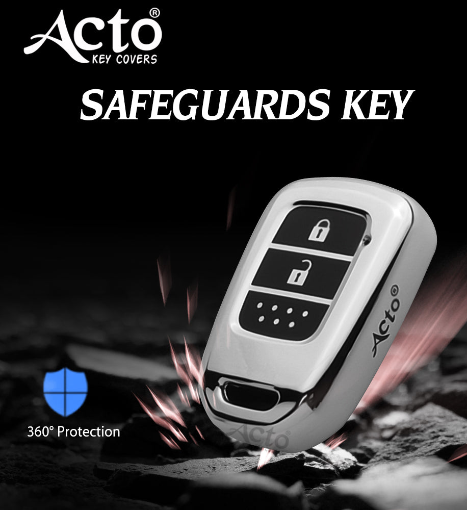 Acto Car Key Cover Chromium Series Compatible with Honda Accord, Amaze, Brio, City, CR-V, Jazz, Mobilio, WR-V 2 Button Smart Key | Premium Chrome Finish Hard Case | 360° Protection | Scratch Resistant Stylish Key Cover with Keychain | Pack of 1