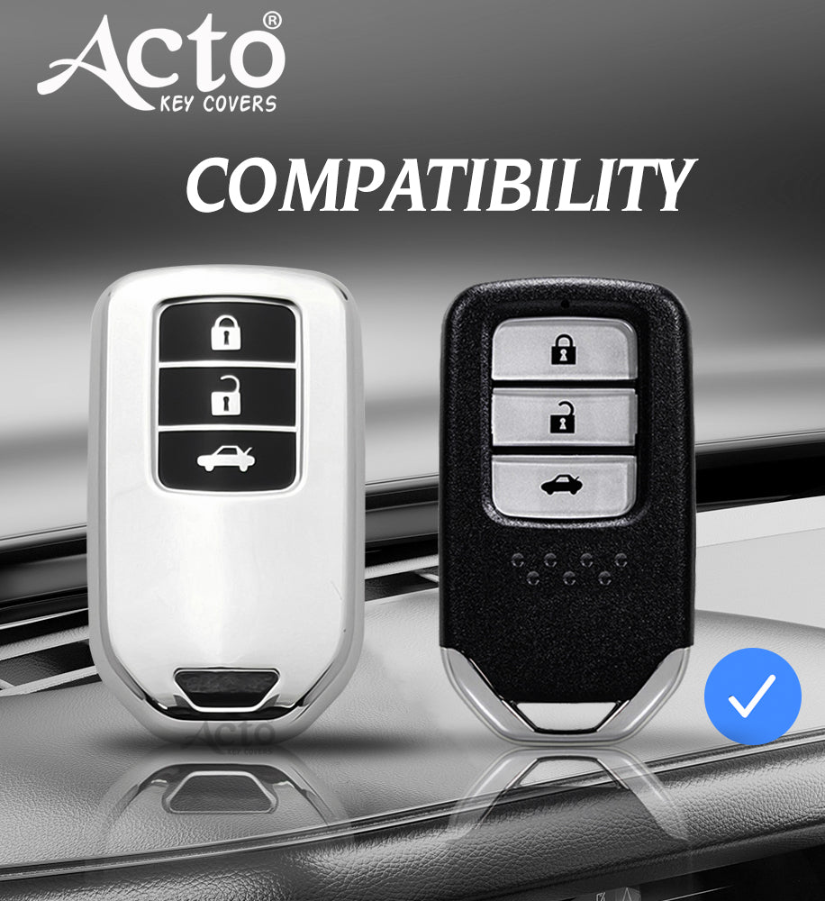 Acto Car Key Cover Chromium Series Compatible with Honda Accord, Civic, WR-V, BR-V, CR-V, City, Jazz 3 Button Smart Key | Premium Chrome Finish Hard Case | 360° Protection | Scratch Resistant | Keychain Included (Pack of 1)