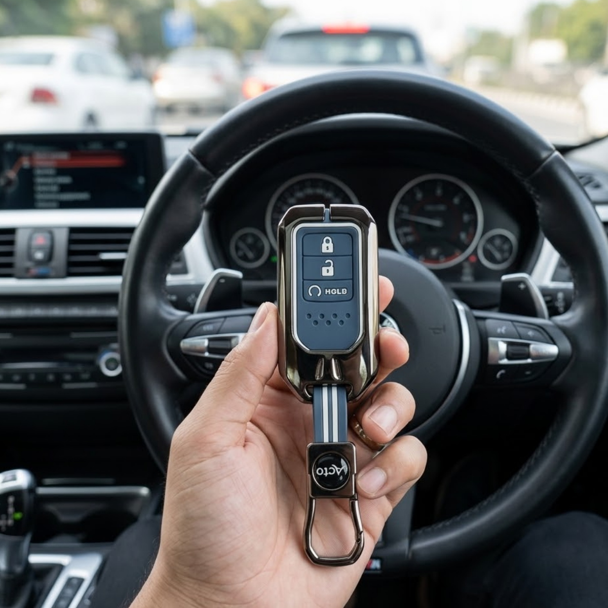 Acto Metal Sapphire Key Cover & Key Chain Compatible with Honda Accord, Civic, WR-V, CR-V, BR-V, City & Jazz | Premium Metal Key Case | Glow in the Night | 360° Protection | Pack of 1 Set