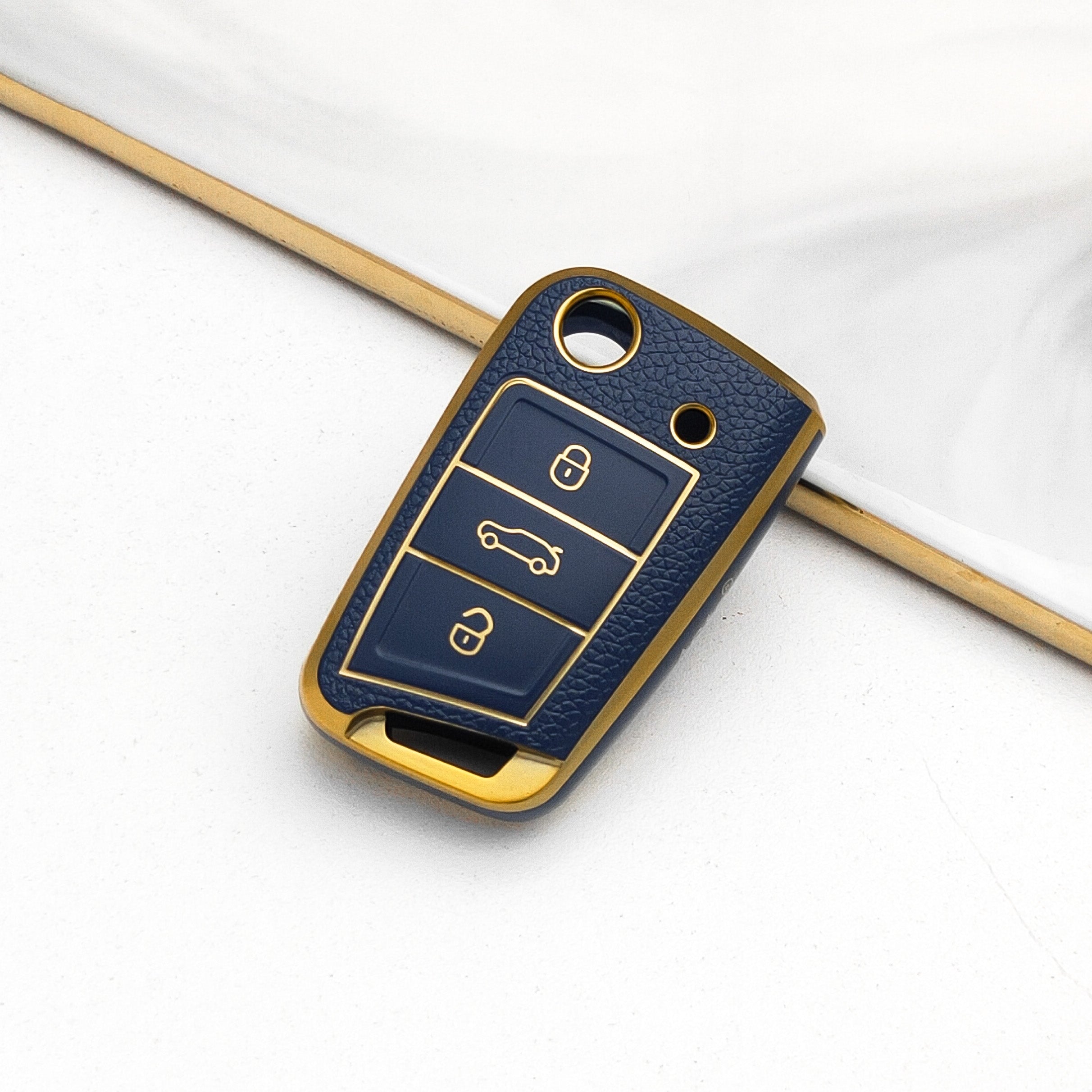 Acto Car Key Cover TPU Leather Grain With Key Chain For Skoda Passat