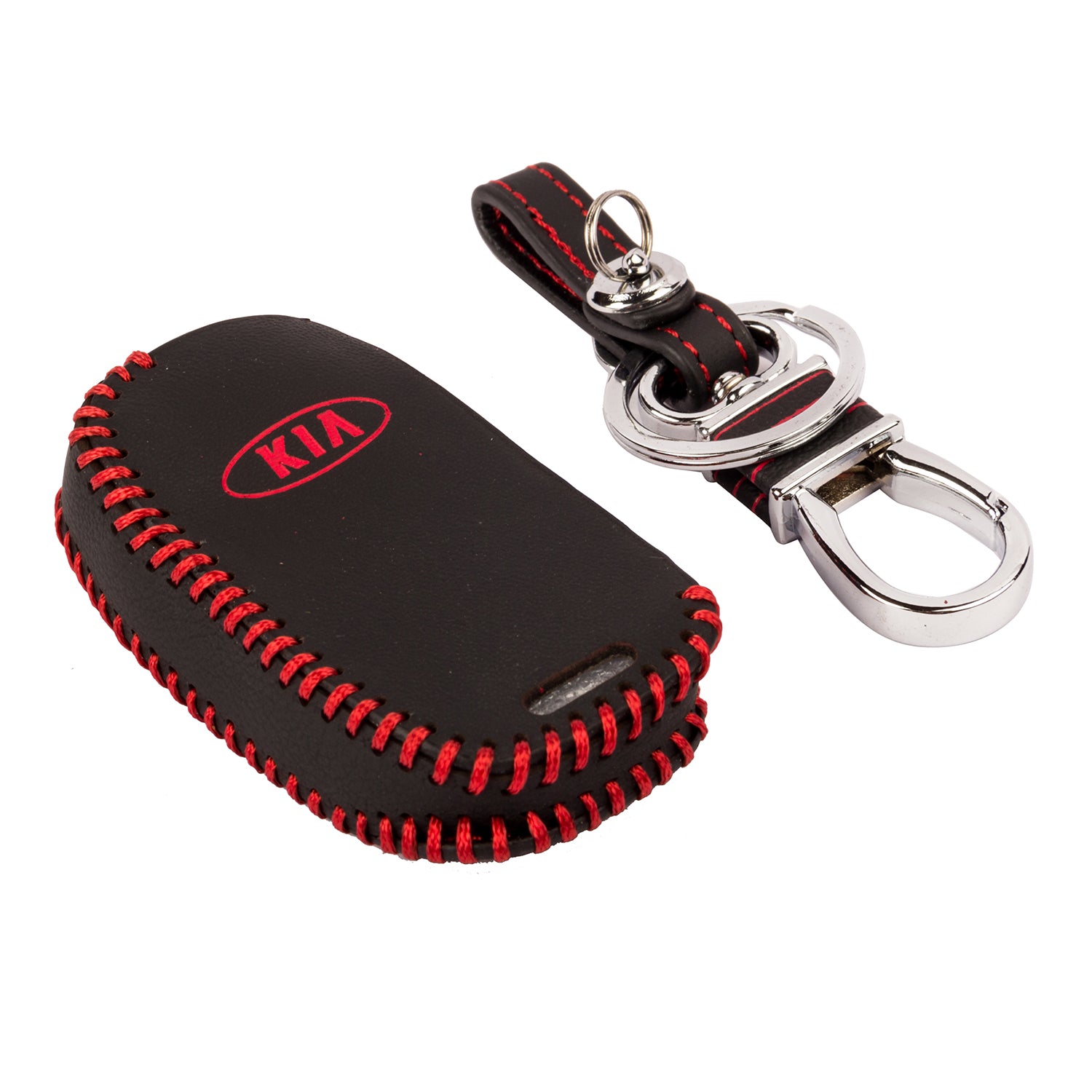 ACTO Leather Car Key Cover with Key Chain Compatible for Kia Seltos & Carens 3 Button Flip Key | Premium Black Leather with Red Stitching | 360° Protection | Pack of 1