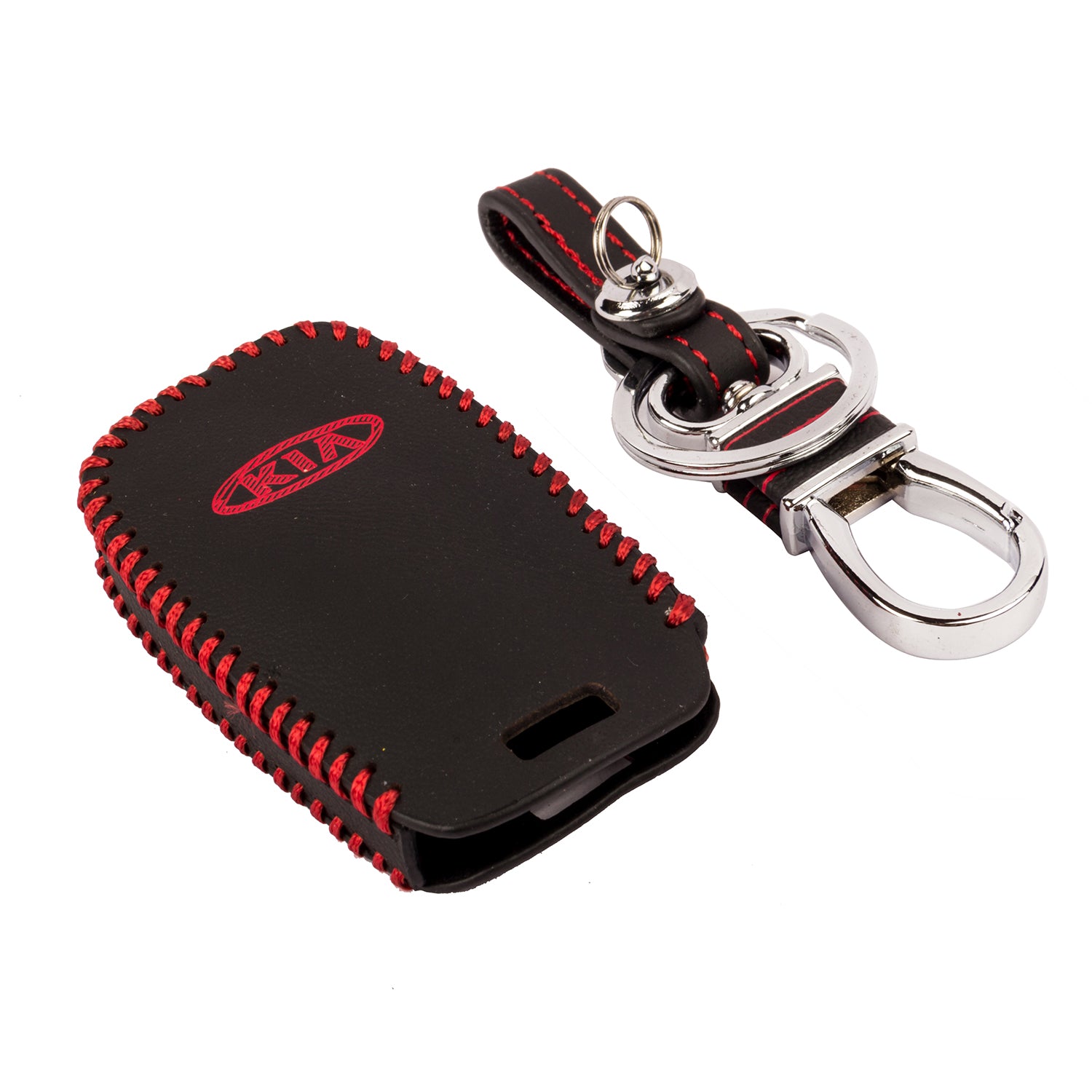 ACTO Leather Car Key Cover with Key Chain Compatible for Kia Sonet 2020 & Seltos 2020+ 3 Button Smart Key | Premium Black Leather with Red Stitching | 360° Protection | Pack of 1