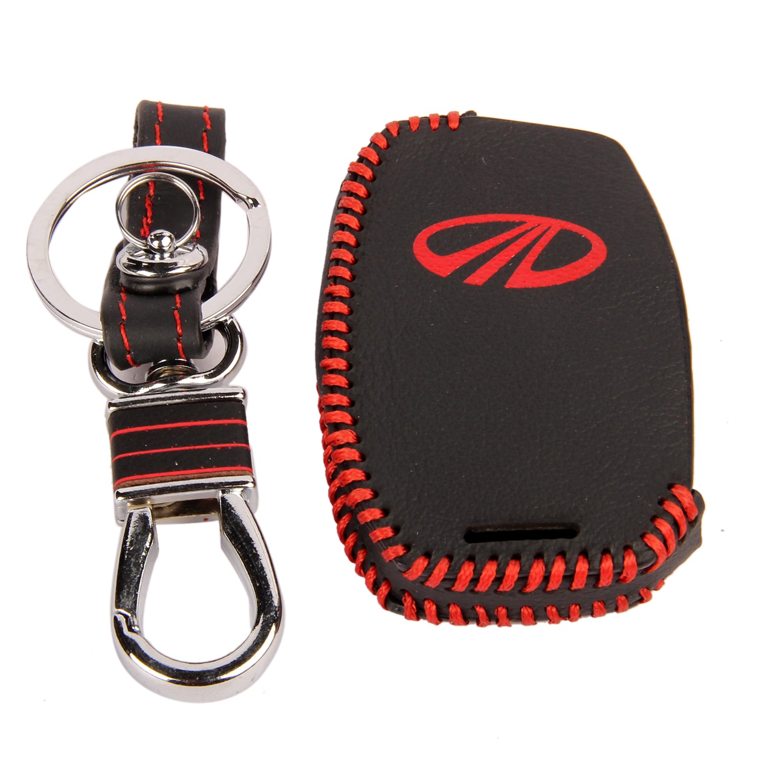ACTO Leather Car Key Cover with Key Chain Compatible for Mahindra XUV300 3 Button Flip Key | Premium Black Leather with Red Stitching | 360° Protection | Pack of 1