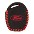 ACTO Leather Car Key Cover with Key Chain Compatible for Ford Figo & Aspire 3 Button Smart Key | Premium Black Leather with Red Stitching | 360° Protection | Pack of 1