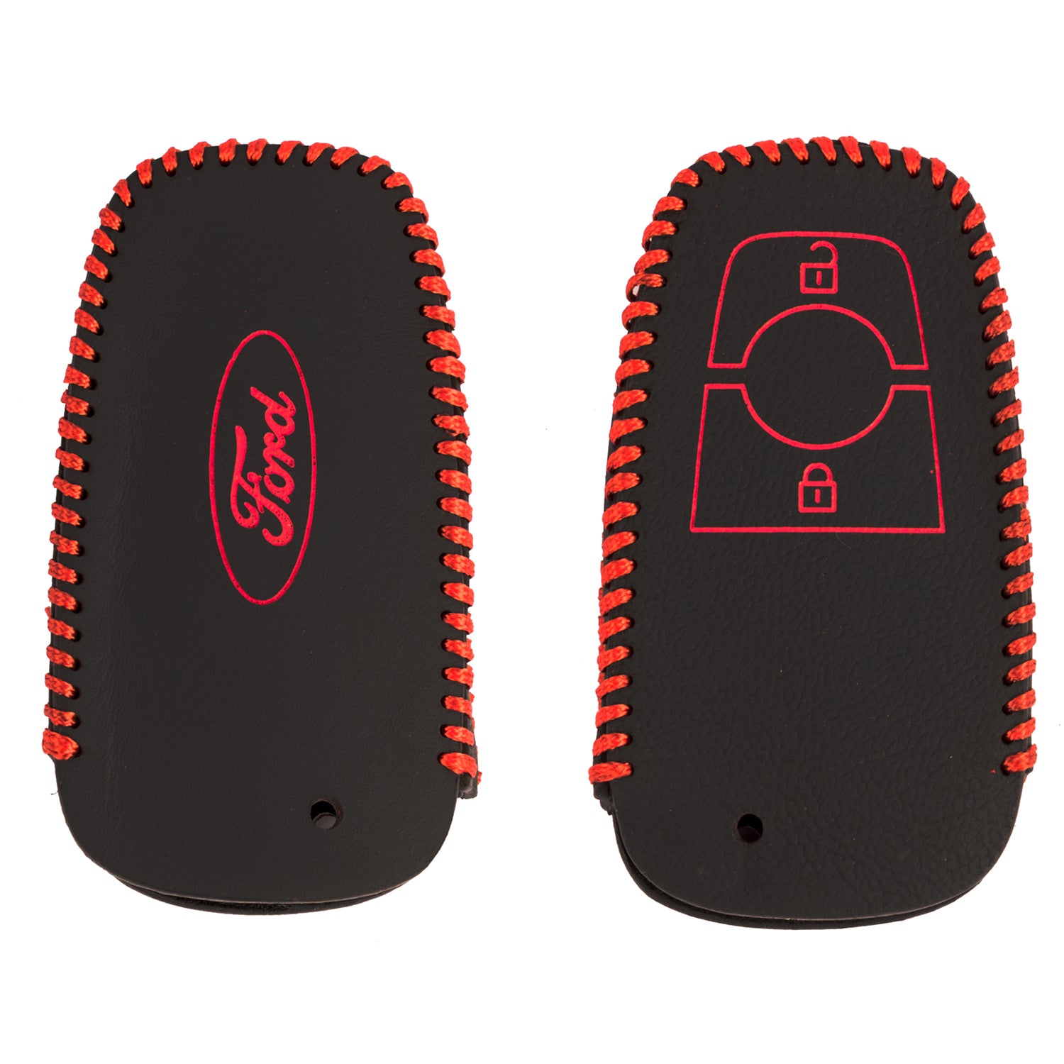 ACTO Leather Car Key Cover with Key Chain Compatible for Ford Aspire, Figo, New Fiesta, Endeavour & EcoSport 3 Button Smart Key | Premium Black Leather with Red Stitching | 360° Protection | Pack of 1