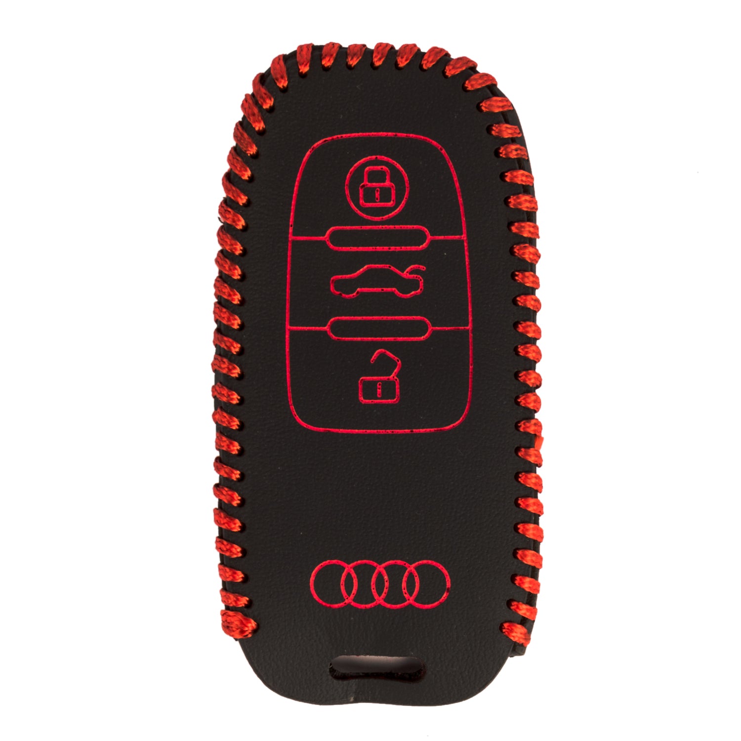 ACTO Leather Car Key Cover with Key Chain Compatible for Audi A8 / Q7 / RS / TT 3 Button Smart Key | Black with Red Stitching | Premium Leather Key Case | 360° Protection | Stylish Key Fob Cover | Pack of 1