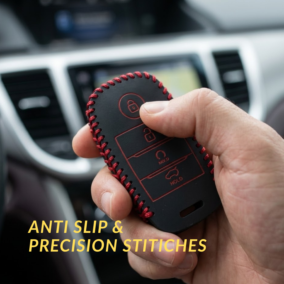 ACTO Leather Car Key Cover with Key Chain Compatible for Kia Sonet 2020 & Seltos 2020+ 3 Button Smart Key | Premium Black Leather with Red Stitching | 360° Protection | Pack of 1