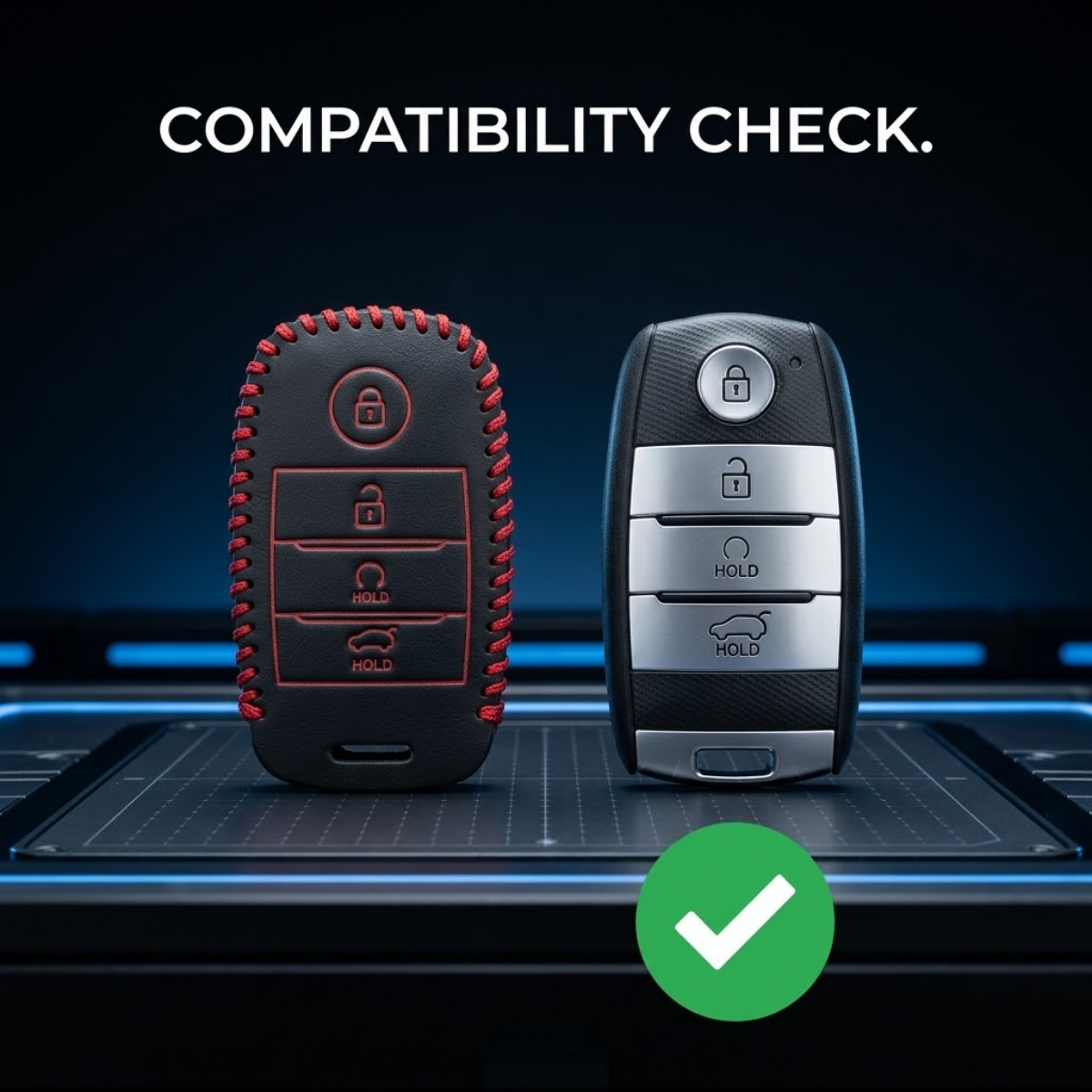 ACTO Leather Car Key Cover with Key Chain Compatible for Kia Sonet 2020 & Seltos 2020+ 3 Button Smart Key | Premium Black Leather with Red Stitching | 360° Protection | Pack of 1