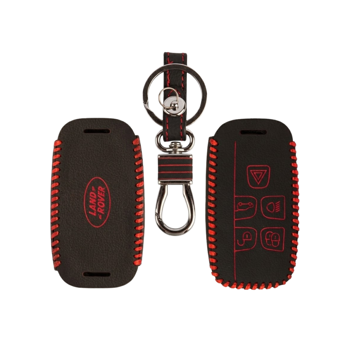 ACTO Leather Car Key Cover with Key Chain Compatible for Jaguar F-Type, XJ, XF, F-Pace, XE & Range Rover Evoque, Sport 5 Button Smart Key | Premium Black Leather with Red Stitching | 360° Protection | Pack of 1