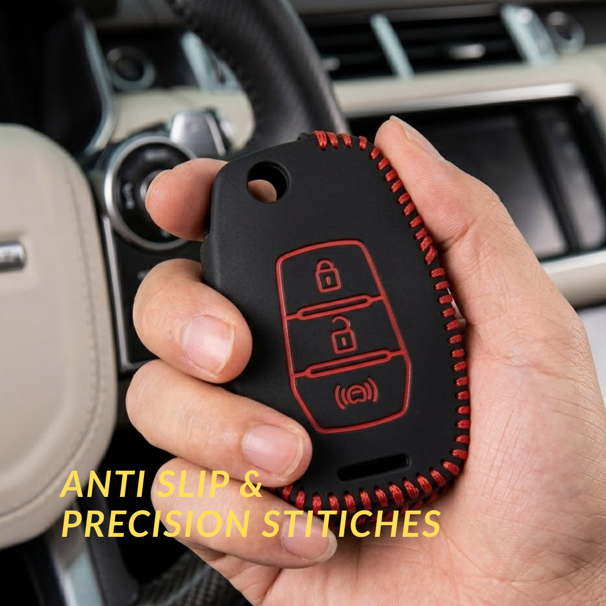 ACTO Leather Car Key Cover with Key Chain Compatible for Mahindra XUV300 3 Button Flip Key | Premium Black Leather with Red Stitching | 360° Protection | Pack of 1