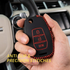 ACTO Leather Car Key Cover with Key Chain Compatible for Mahindra XUV300 3 Button Flip Key | Premium Black Leather with Red Stitching | 360° Protection | Pack of 1
