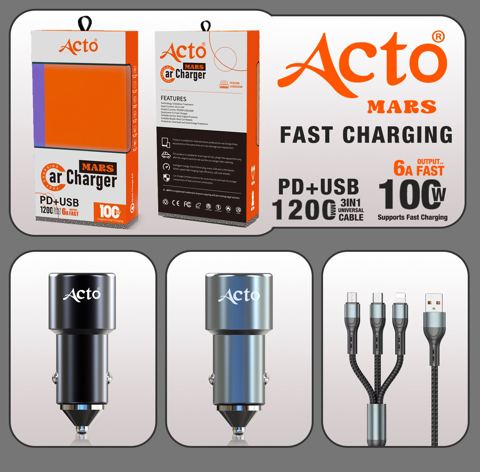 ACTO MARS CAR MOBILE CHARGER APD+USB 6 AMP OUTPUT FAST CHARGING 100 WATT & 1200 MM 3 IN 1 DATA CABLE