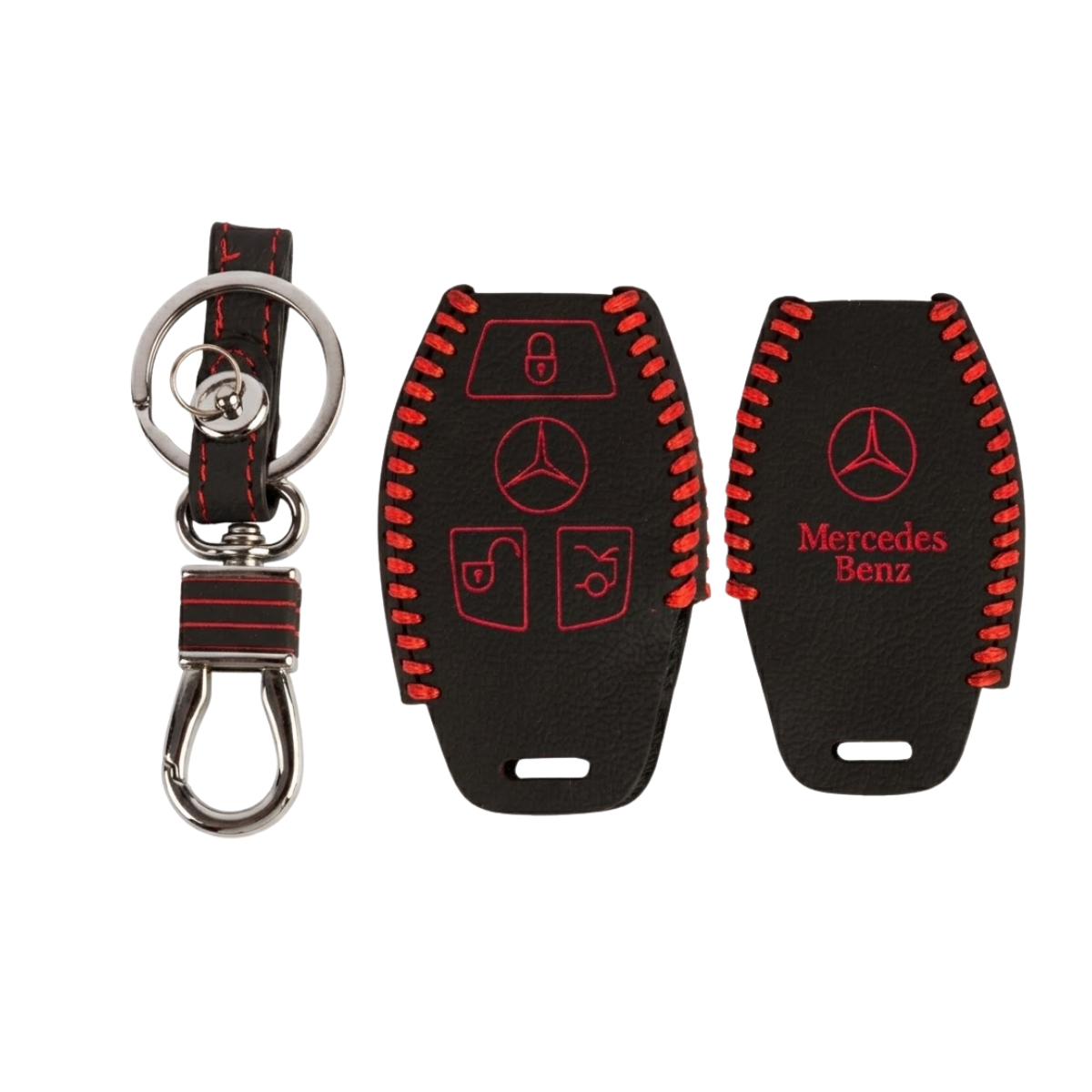 ACTO Leather Car Key Cover with Key Chain Compatible for Mercedes-Benz C-Class, M-Class, S-Class & GL-Series Smart Key | Premium Black Leather with Red Stitching | 360° Protection | Pack of 1